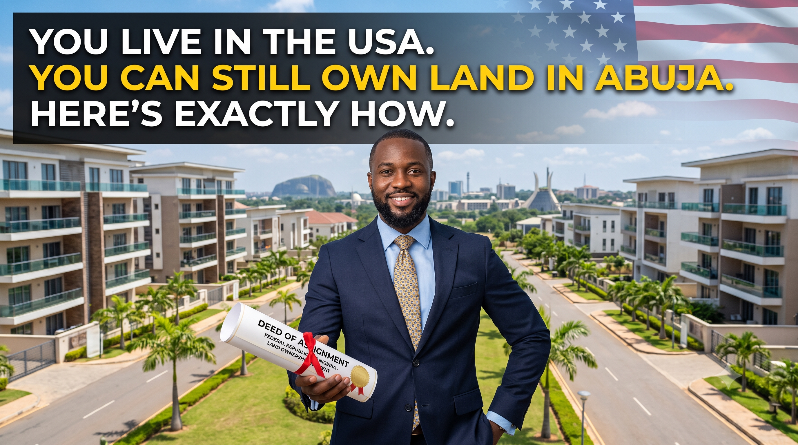 Nigerian man in the USA reviewing Abuja property documents on a laptop with TehilJem website open