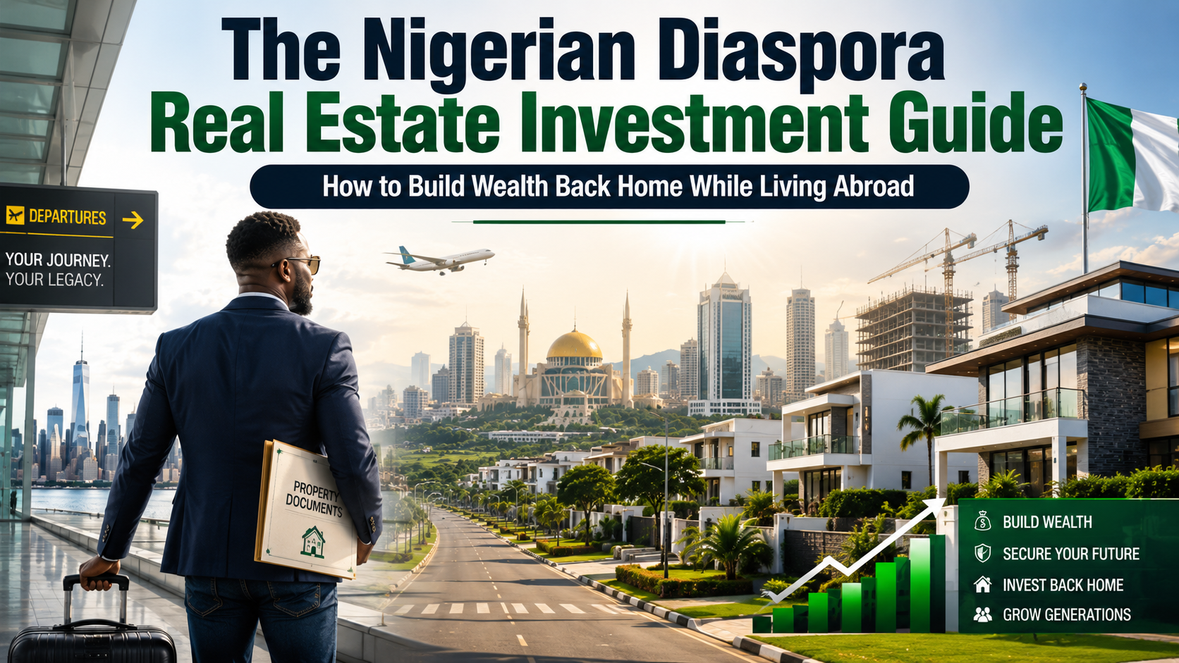 Nigerian couple abroad reviewing property investment plans for Abuja real estate on a laptop