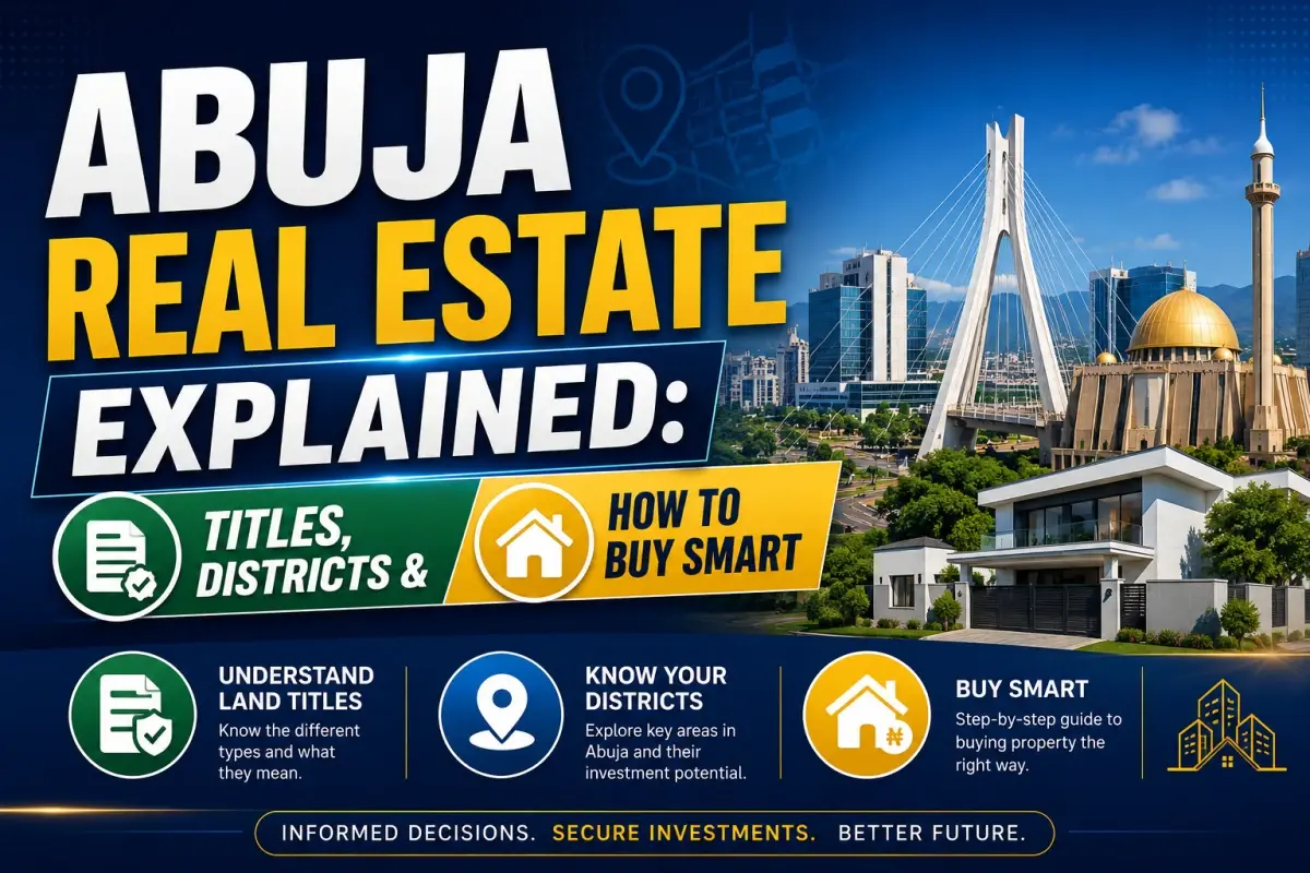 Infographic showing Abuja real estate terms including C of O, AGIS, and land documents for buyers