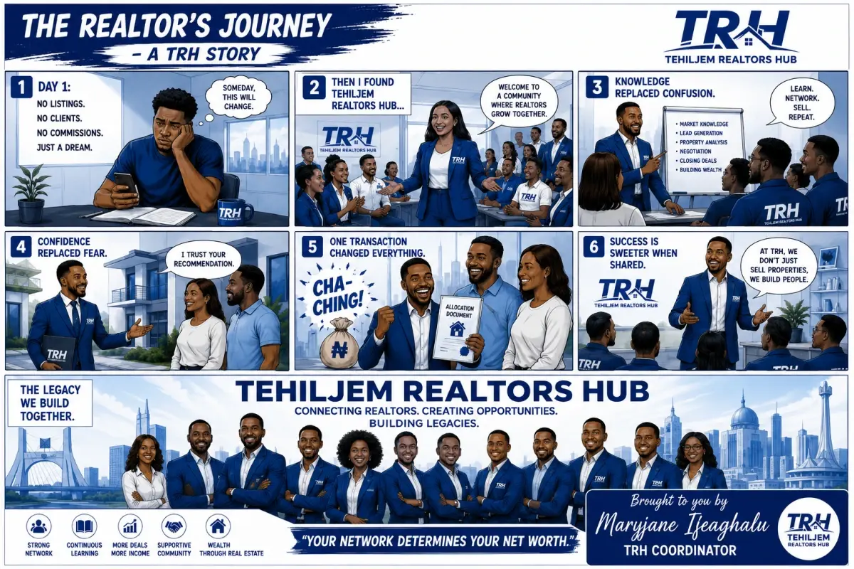 TehilJem Realtors Hub six-panel story showing a realtor's journey from zero clients to closing deals and building a community